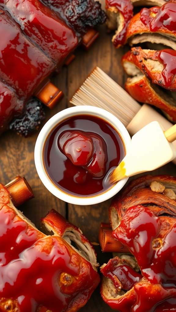 A bowl of dark red barbecue sauce next to grilled meats on a rustic wooden table.
